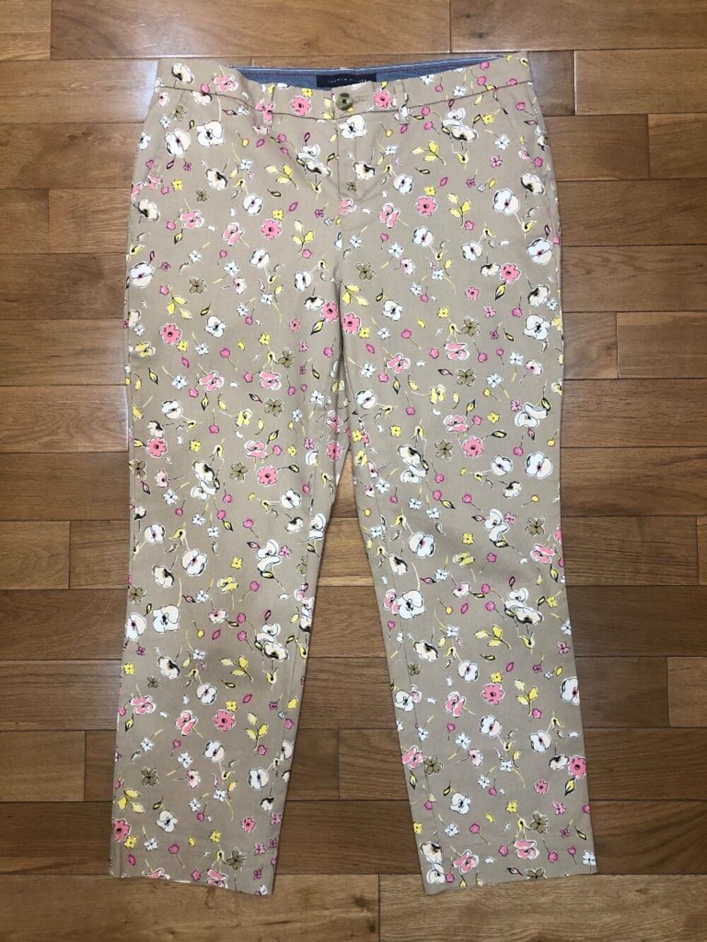 Tommy Hilfiger High Rise Straight Leg Cropped Floral Print Beige Pants Size 14
